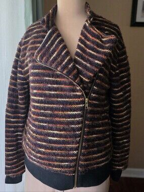 Paper Crown Asymmetrical Zip Wool Blend Striped Moto Sweater Bomber Jacket XS